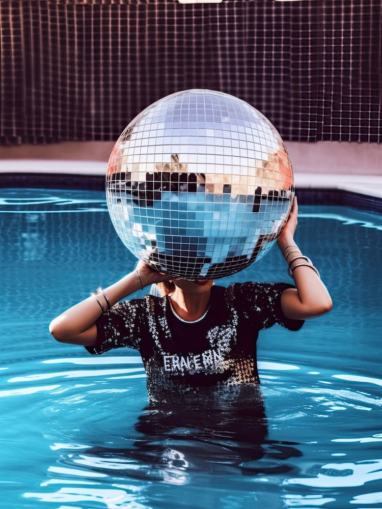 Woman Pool Disco Ball Fashion Photography 6