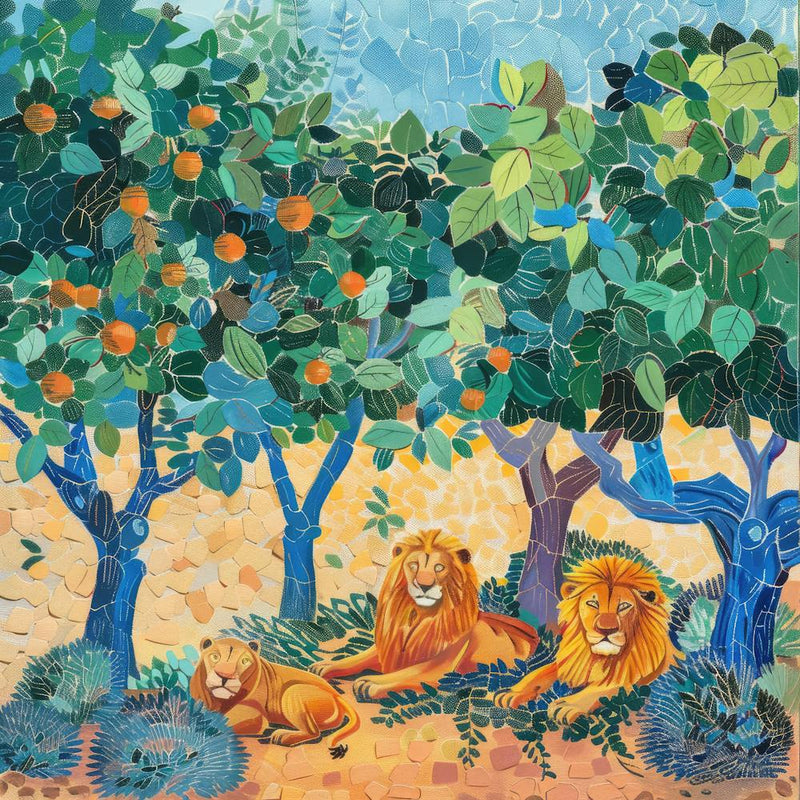 Löwen ruhen unter Akazienbäumen Serie. Stil von David Hockney 3