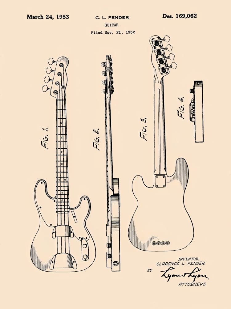 Fender Electric Bass Guitar Patent Vintage Poster