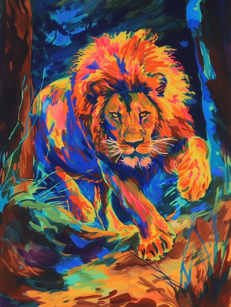 Asiatic Lion Night Hunt Fauvist Painting 2