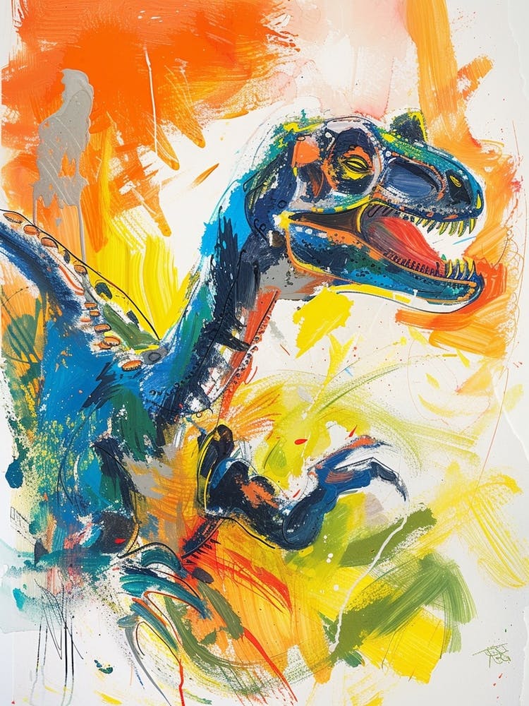 Dinosaur Running Blue Orange Brushstrokes 1