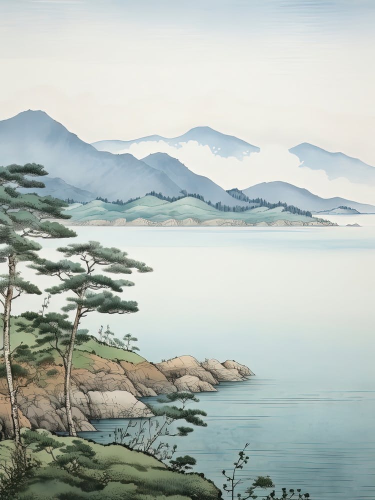 Amanohashidate In Kyoto, Ukiyo E Black And White Line Art Drawing 7
