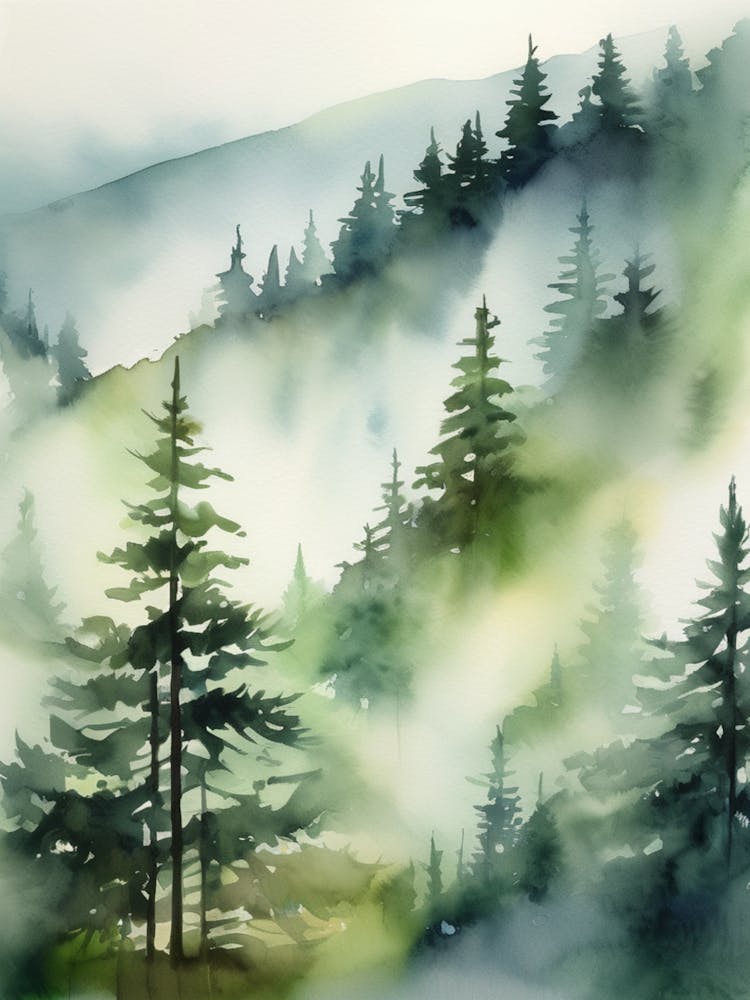 Appalachian Mountains of Misty Pines Watercolor Print of Evergreen Forest..131