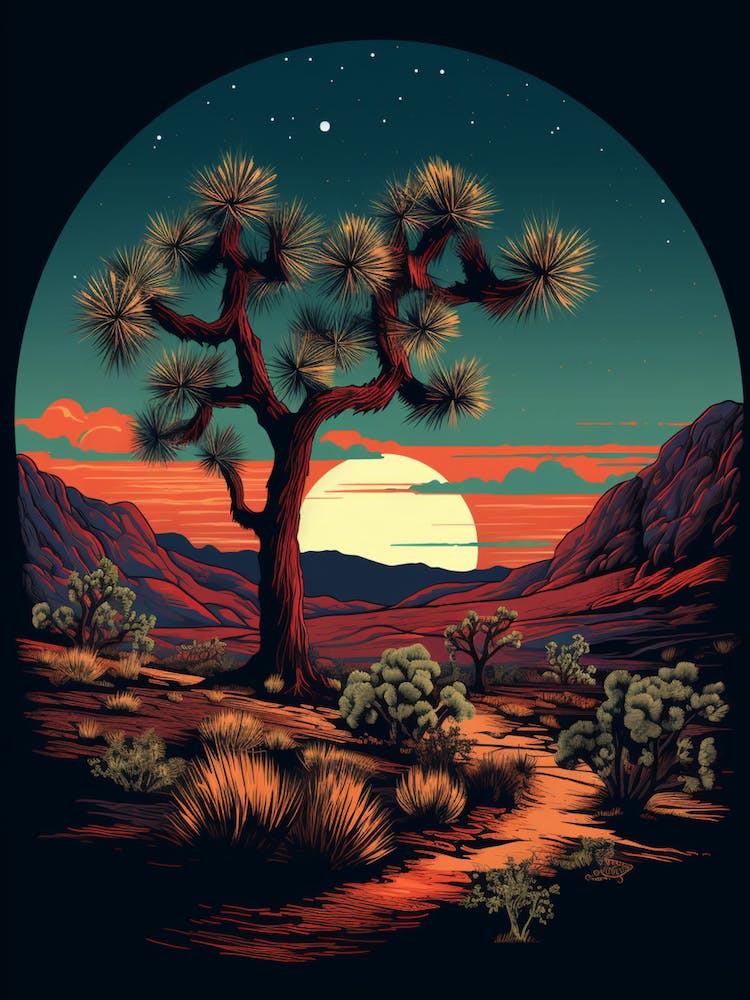 Retro Illustration Of A Joshua Tree At Night In Grand 3