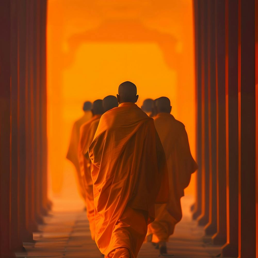 Monks Walking In A Temple