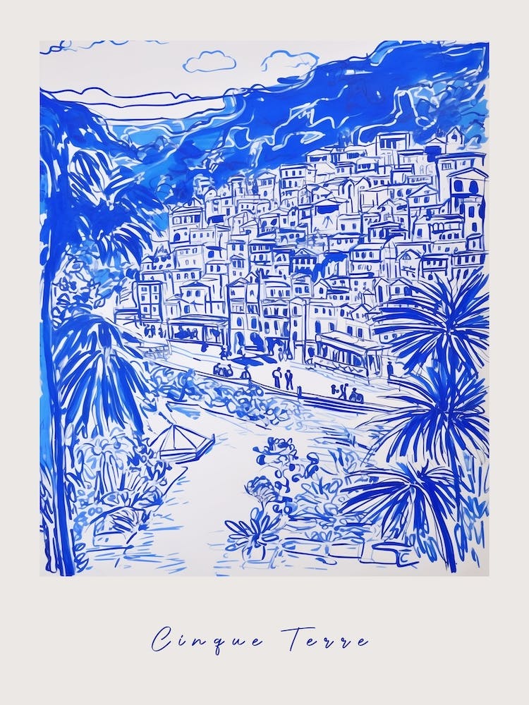 Cinque Terre Italy Blue Drawing Poster