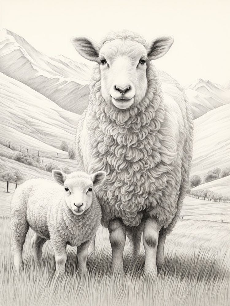 Black & White Illustration Of Highland Sheep With Lamb 2