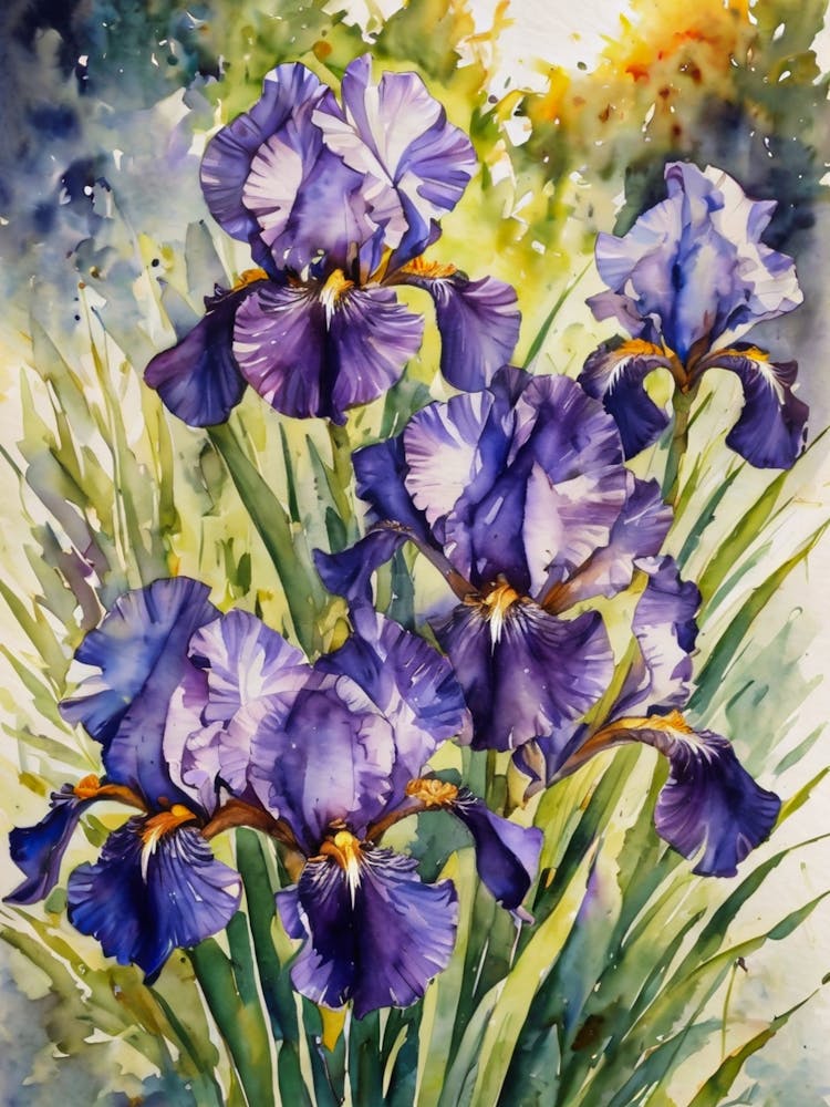 Fleurs d'Iris - Printemps dans un Jardin Anglais Iris Aquarelle Grand Format | Peinture HD par John Arwen