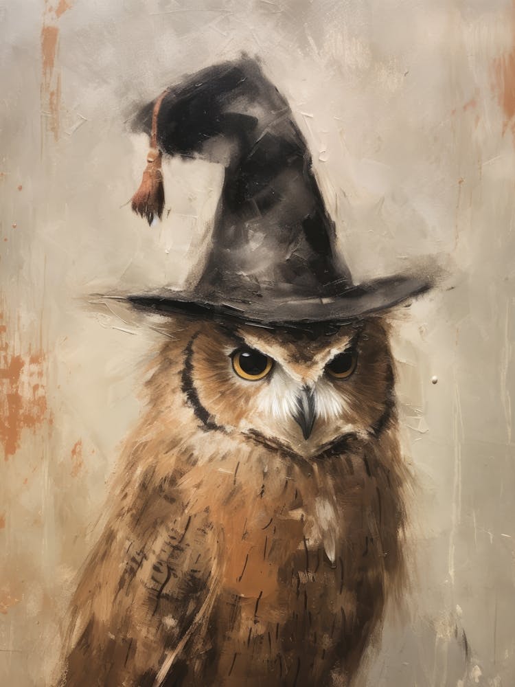Cute Halloween Owl Beige Painting With Witch Hat
