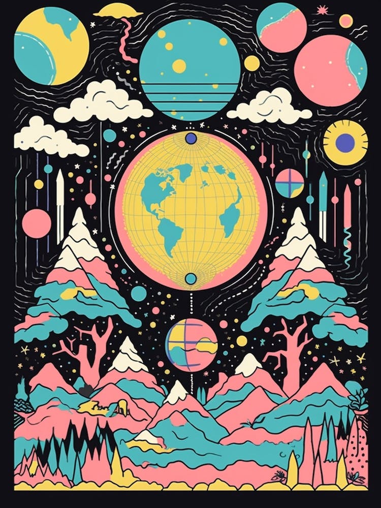 Colourful Planets And Trees Illustration