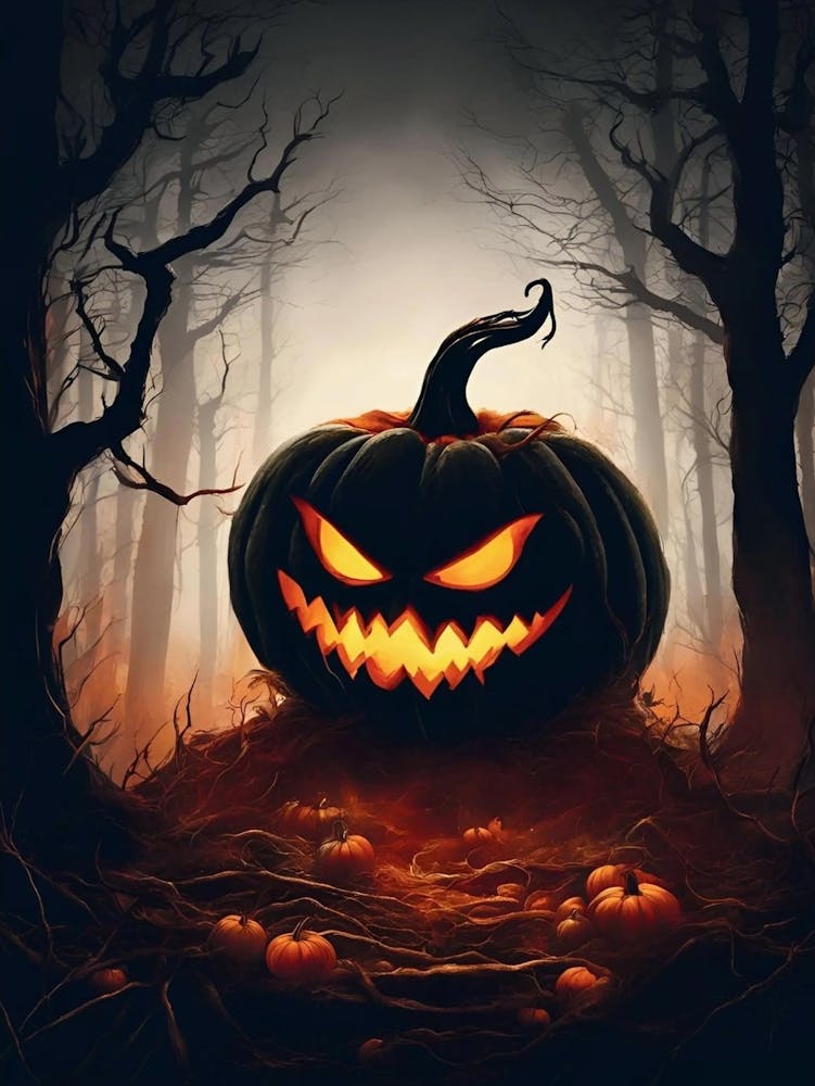 Spooky Pumpkin In Dark Forest, Halloween Night Decor