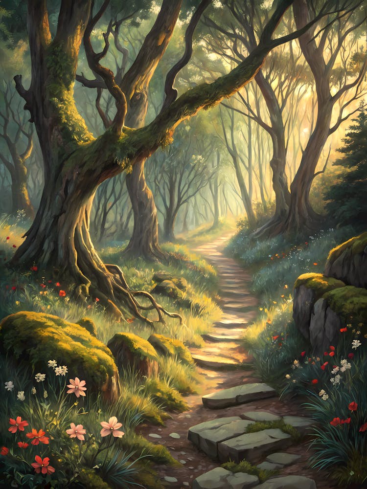 Oil Painting Style Enchanted Forest Path Sunlit Trees & Glowing Flowers