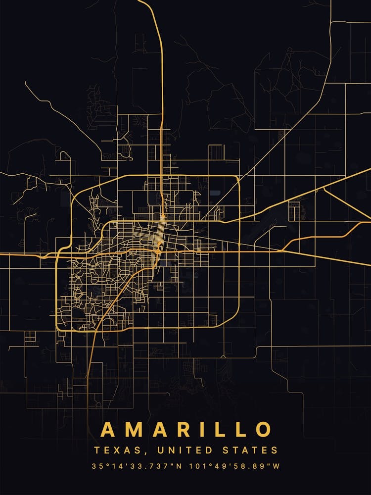 Amarillo United States Black And Gold Map