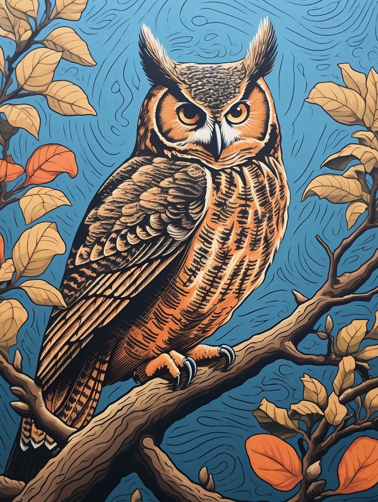 Vintage Bird Linocut Great Horned Owl 3