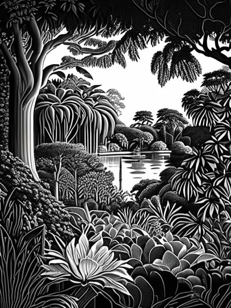 The Huntington Library, 1, Art Collections, And Botanical Gardens, Usa Linocut Black And White Vintage