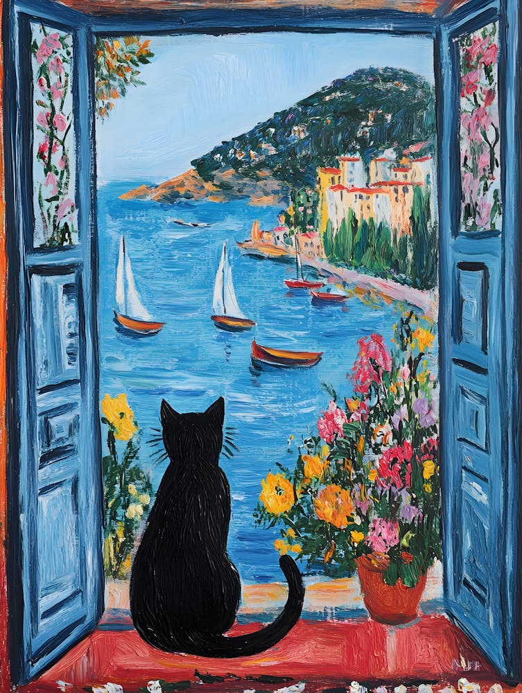 Oil Painting Black Cat Loves the Sea 18