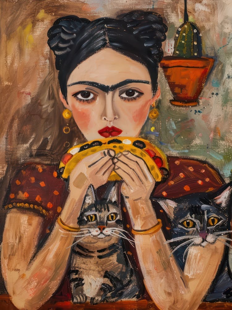 Portrait Of A Woman With Cats Eating Tacos 2