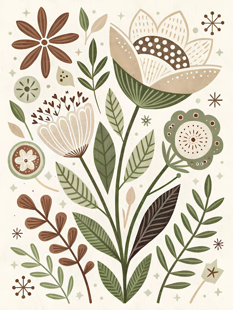 Scandinavian Folk Art Floral Neutral Tones & Botanical Print