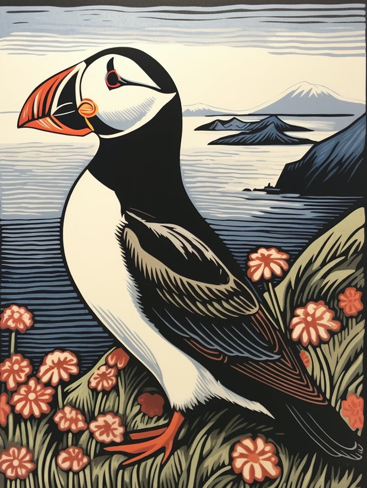 Vintage Bird Linocut Puffin 1