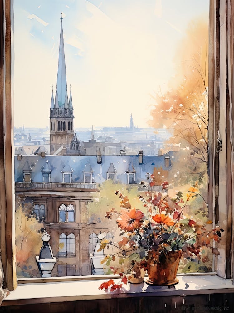 Window View Of Hamburg Germany In Autumn Fall, Watercolour 2
