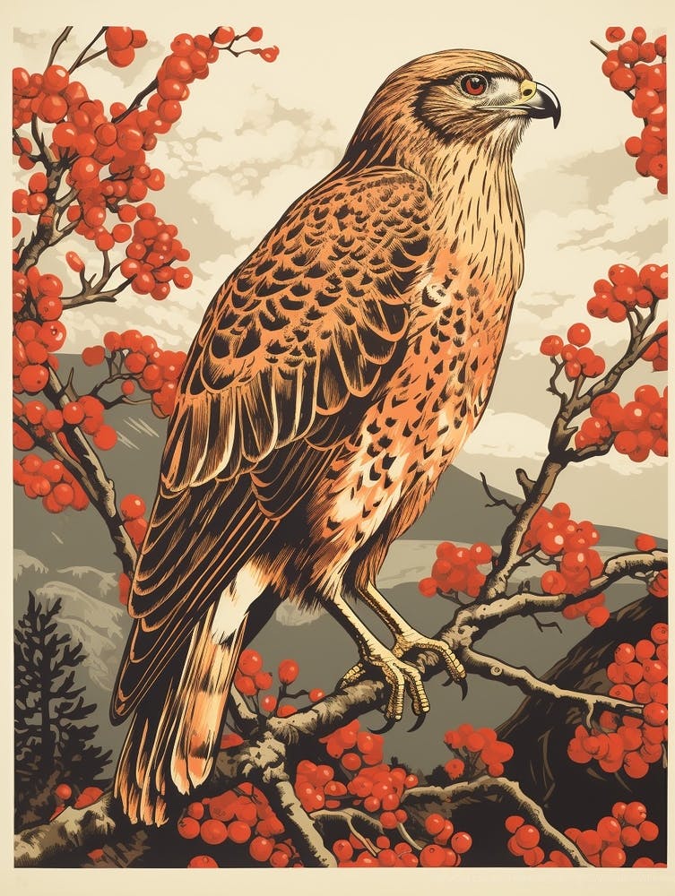 Oiseau vintage Linogravure Buse à queue rousse 3