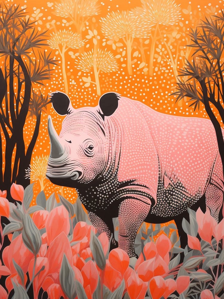 Geometric Pink & Orange Rhino In The Plants 1