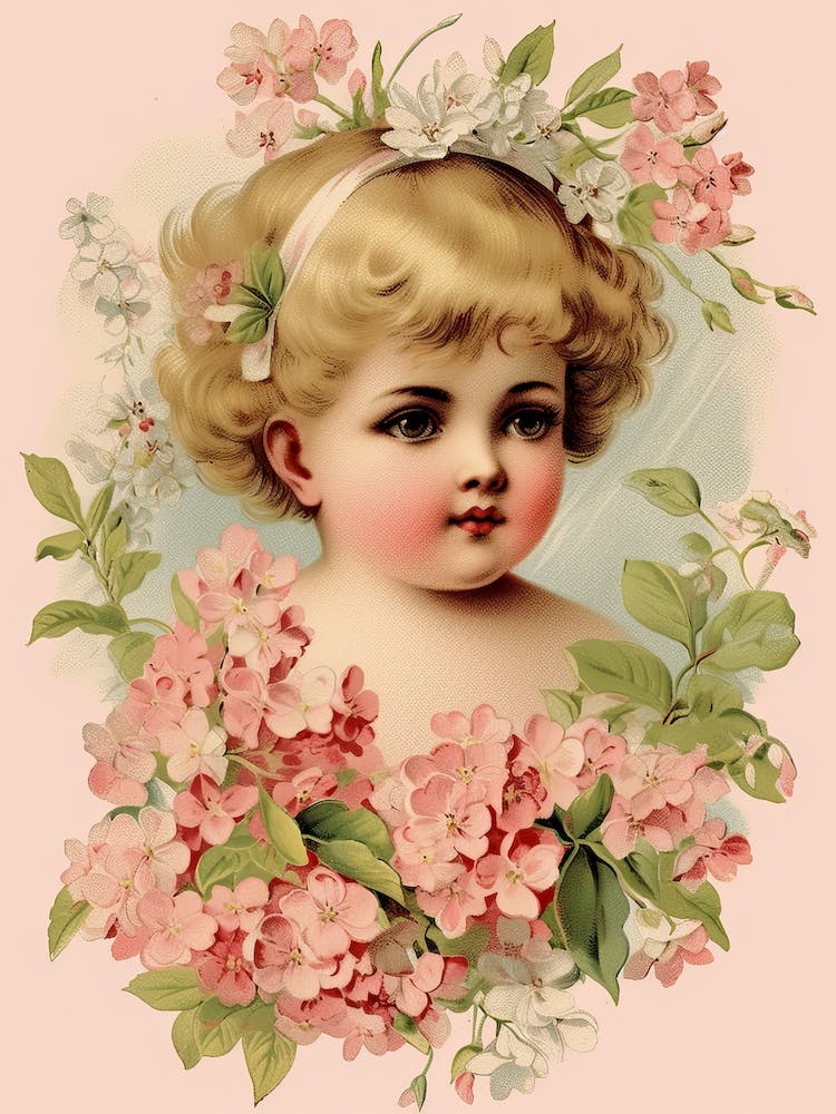 Vintage Pink Flower Girl Illustration Kitsch 2