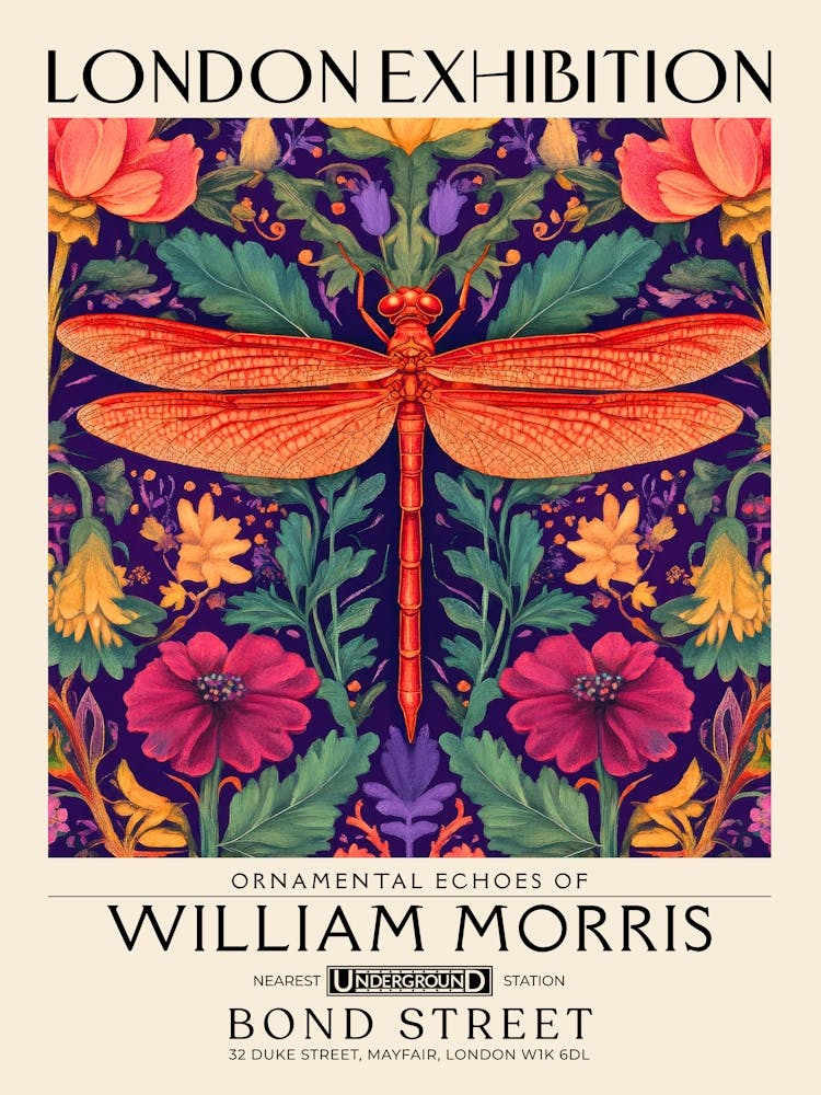 William Morris Dragonfly and floral artwork vibrant colors, insect and flower pattern Botanical vintage print, maximalist wall art living room boho decor, Floral tapestry Victorian style vintage decor 16