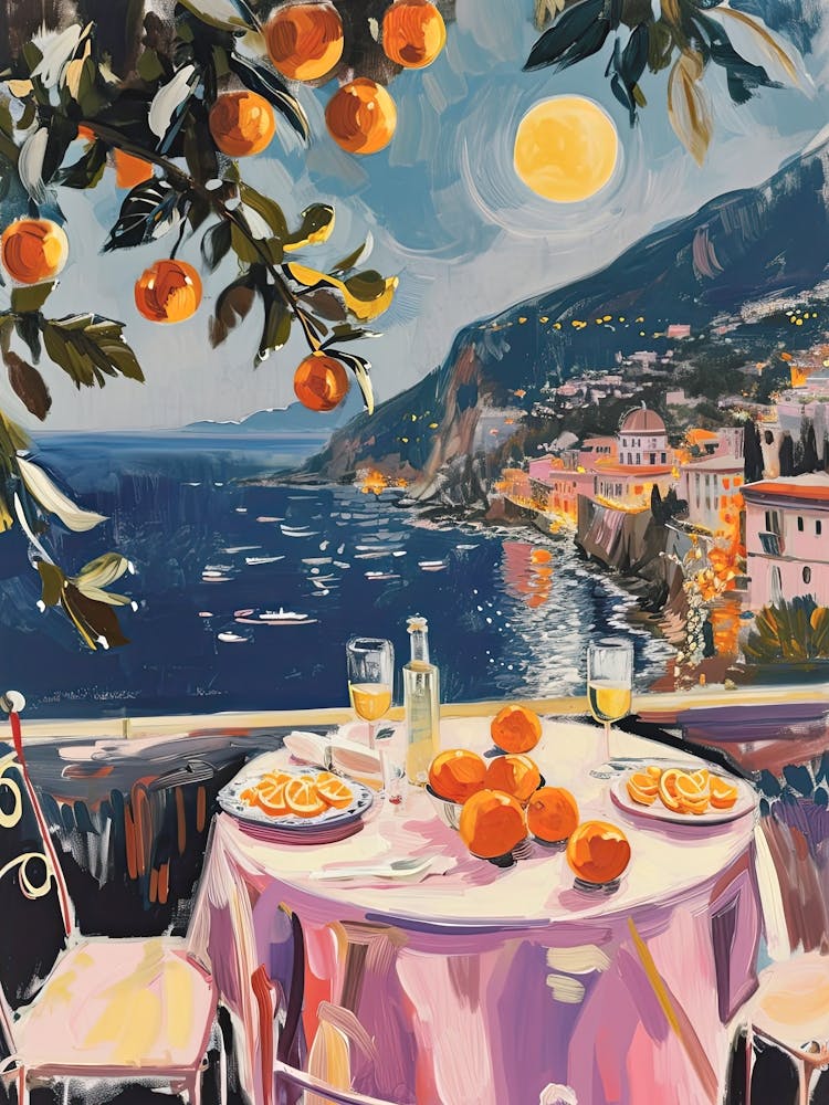 Sicily Italy Watercolour Night Dinner Mediterranean