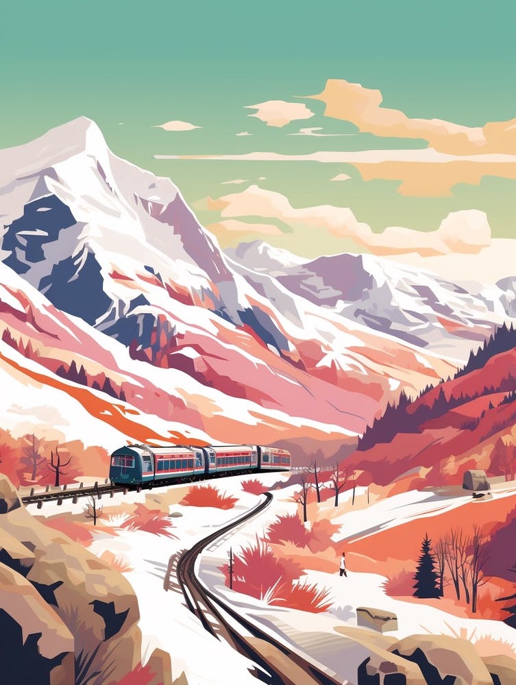 Vintage Winter Travel Illustration Snowdonia National Park United Kingdom 3