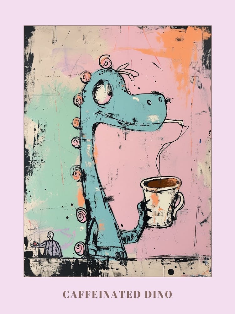 Dinosaure buvant du café, coup de pinceau graffiti rose pastel 3 Affiche