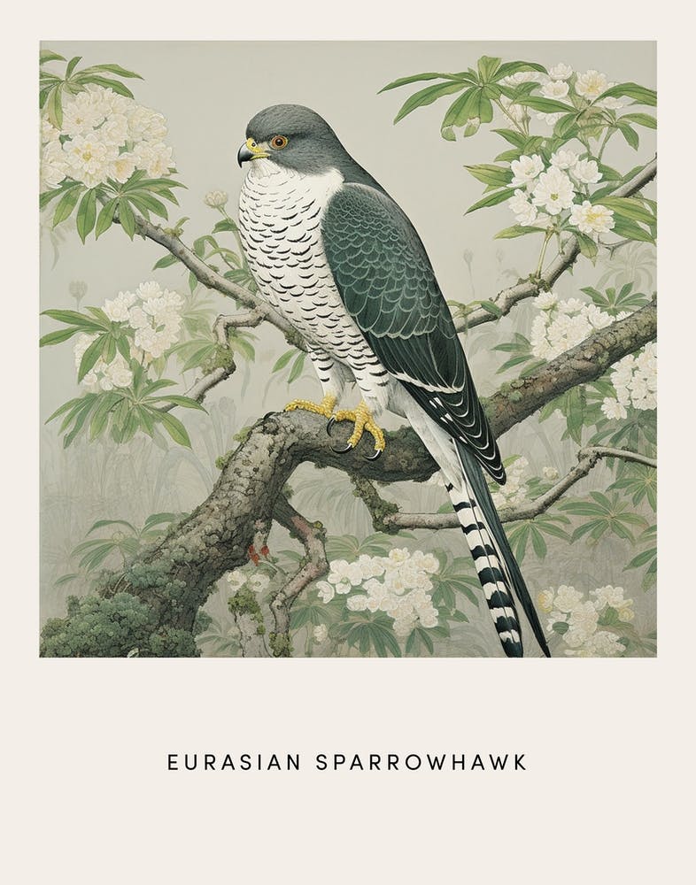 Ohara Koson Inspired Bird Painting Eurasian Sparrowhawk 1 Poster