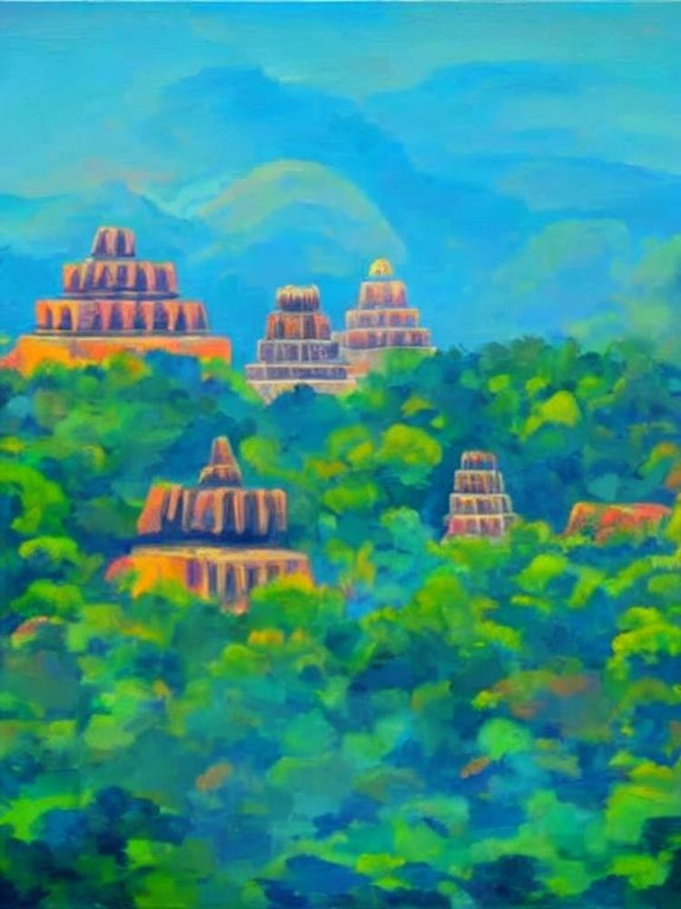 Tikal National Park Guatemala Blue Oil Painting 1 