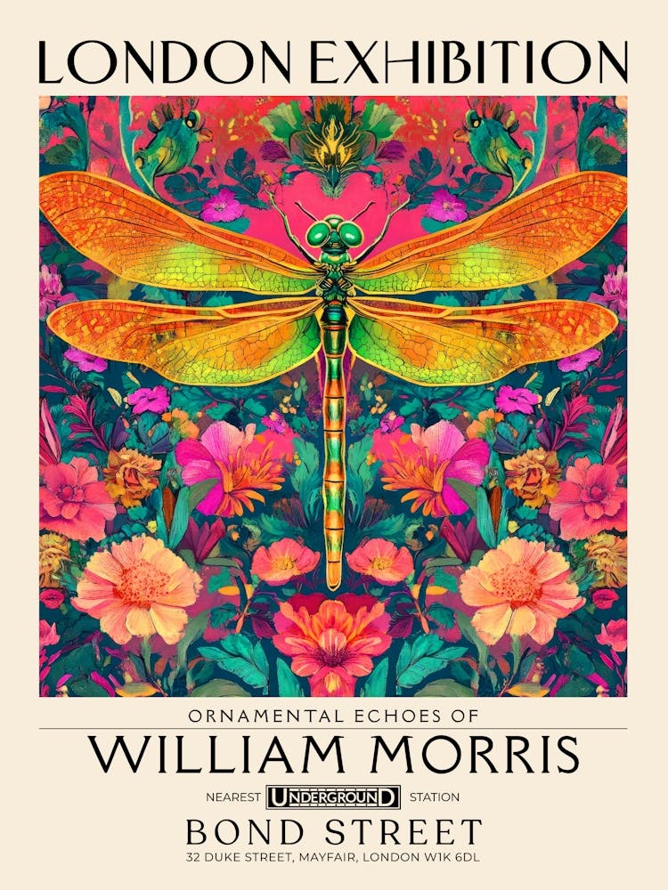 William Morris Libellule et œuvre florale aux couleurs vibrantes, motif d'insectes et de fleurs Impression botanique vintage, art mural maximaliste pour décor bohème de salon, tapisserie florale style victorien décor vintage 5