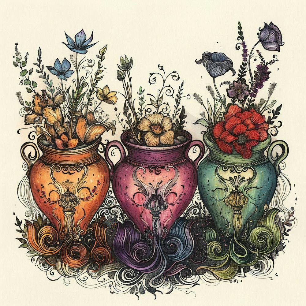 Three Vases With Flowers