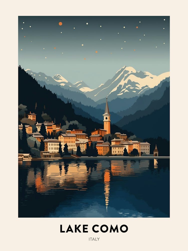 Winter Night  Travel Poster Lake Como Italy 1
