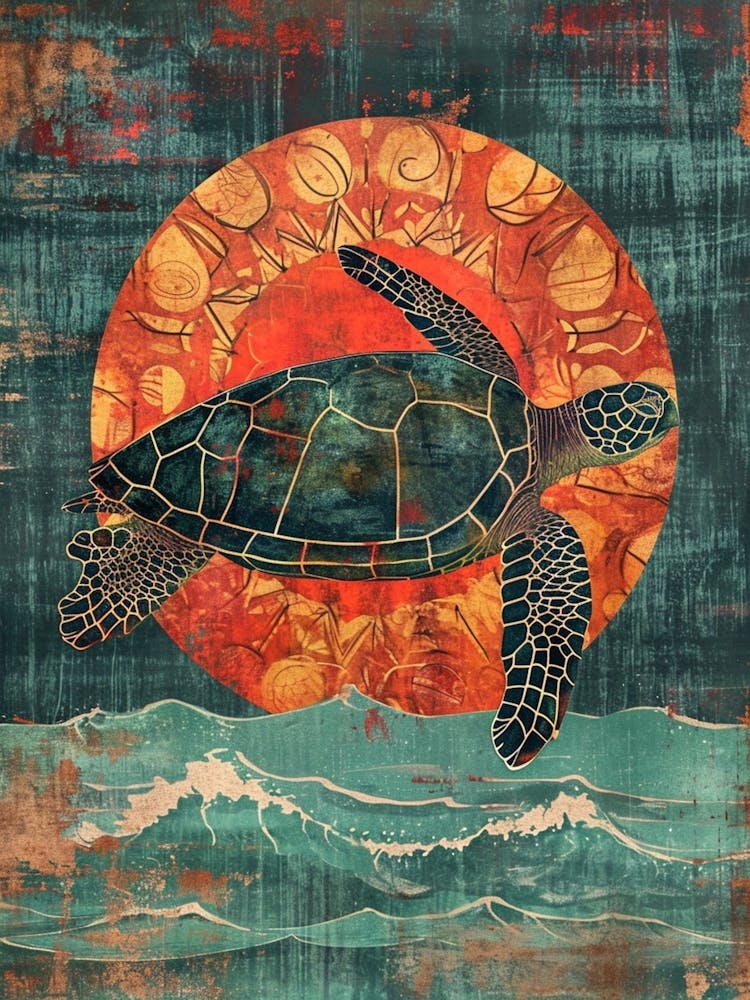 Tortue de Mer Dans le Coucher de Soleil Rouge 1