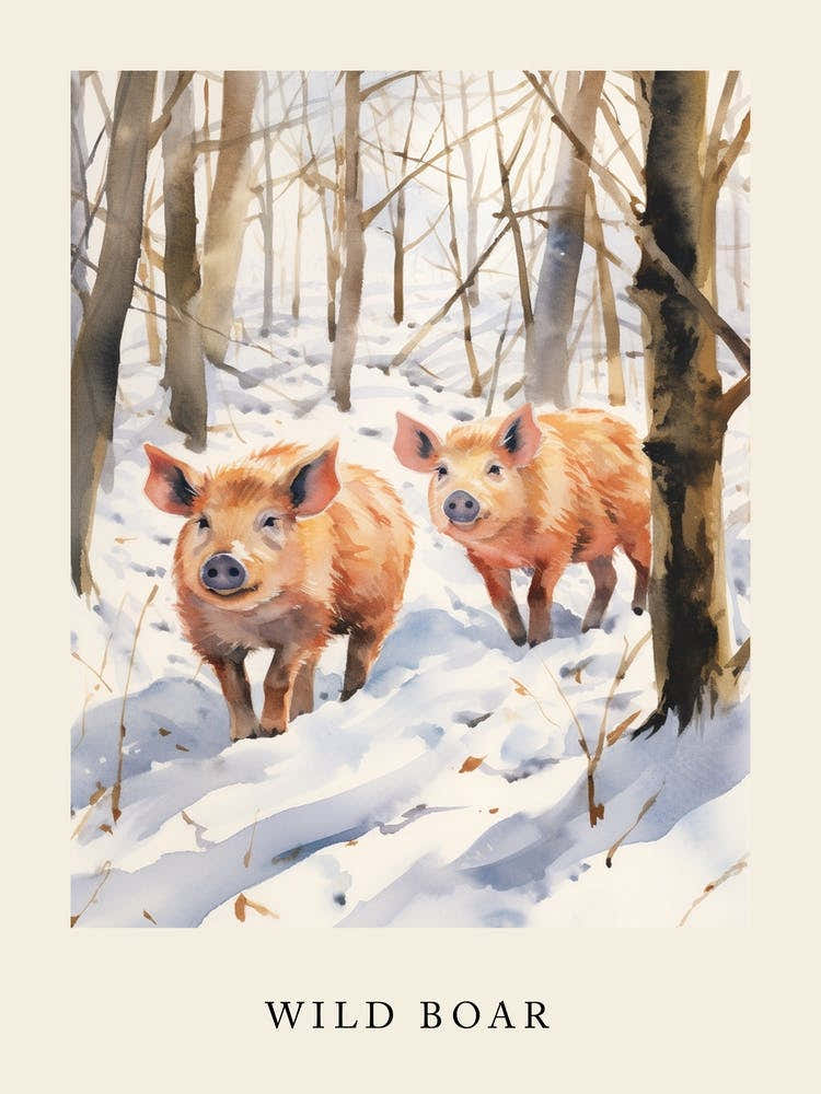 Winter Watercolour Wild Boar 3 Poster