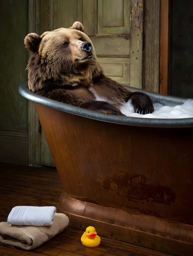 Funny Bear in Bathtub Photo - Whimsical Animal