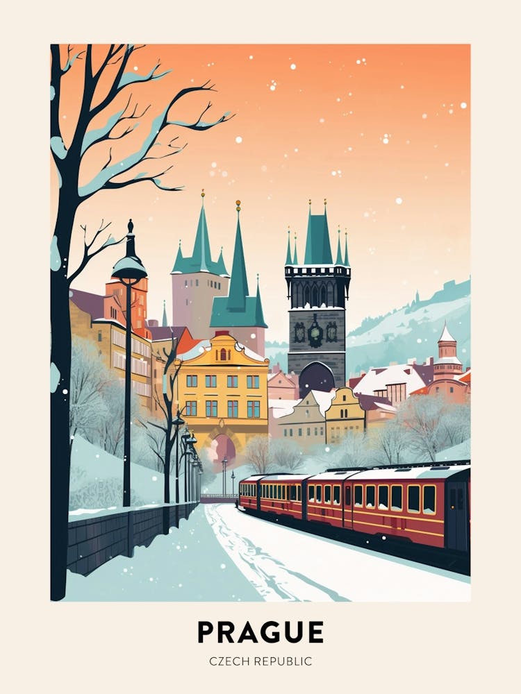 Affiche de voyage vintage d'hiver - Prague, République Tchèque 1