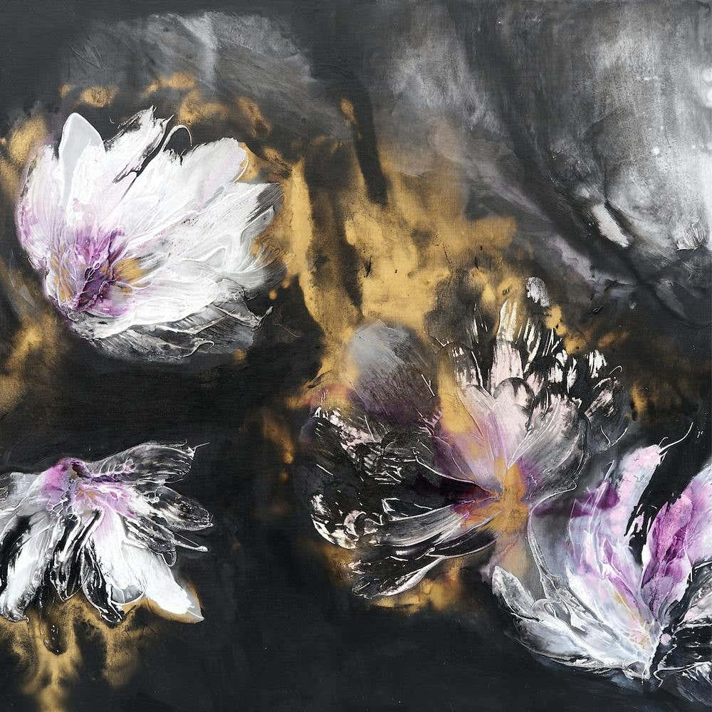 Black Background Abstract Flowers 2 Square