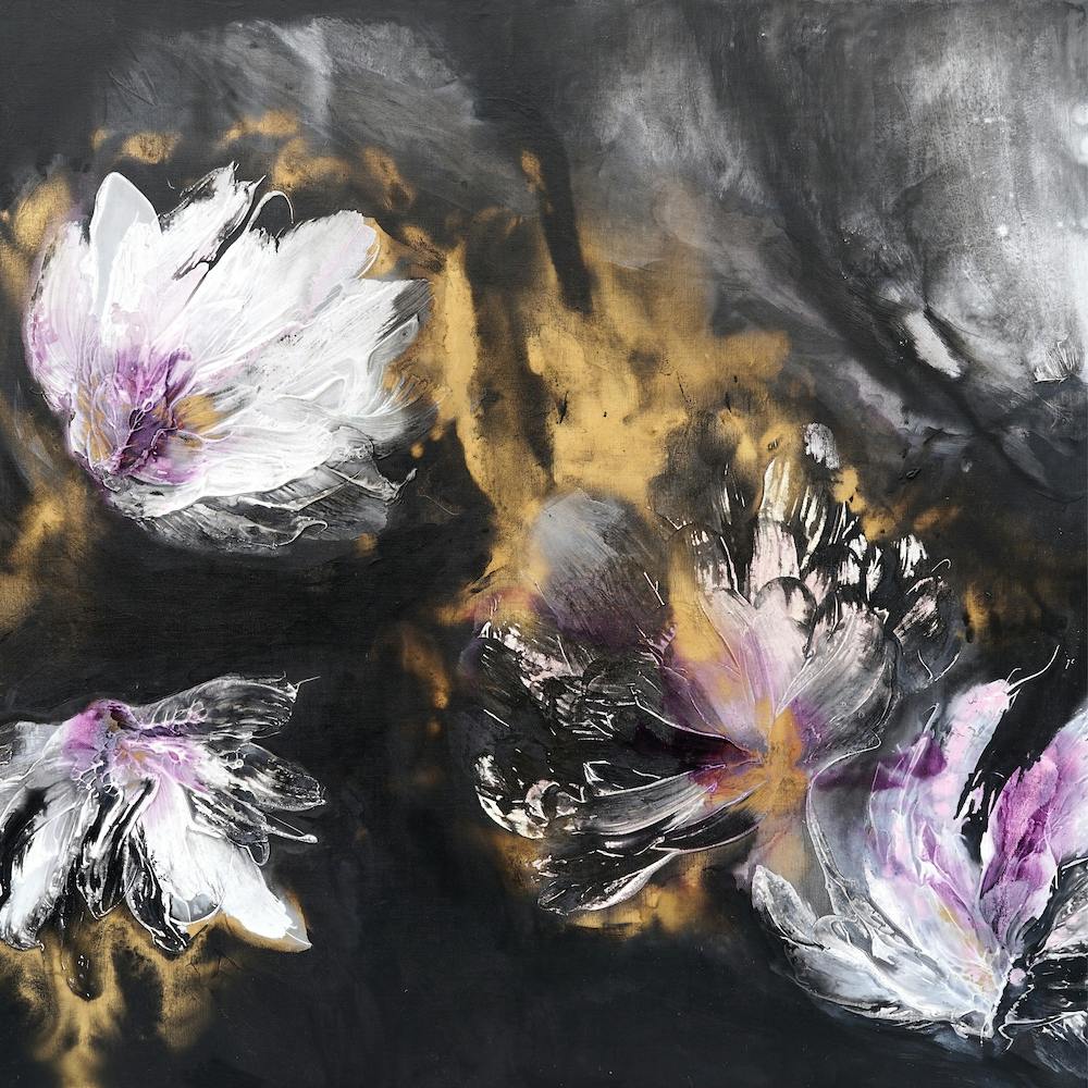 Black Background Abstract Flowers 2 Square