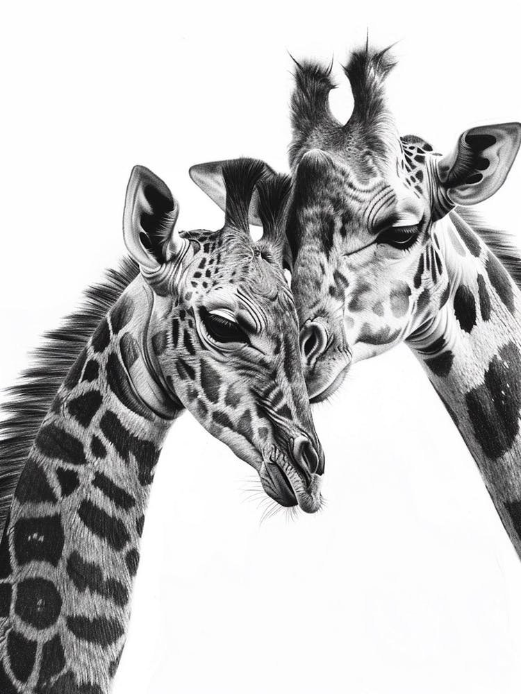 Pencil Portrait Of Giraffe Mother & Calf 1