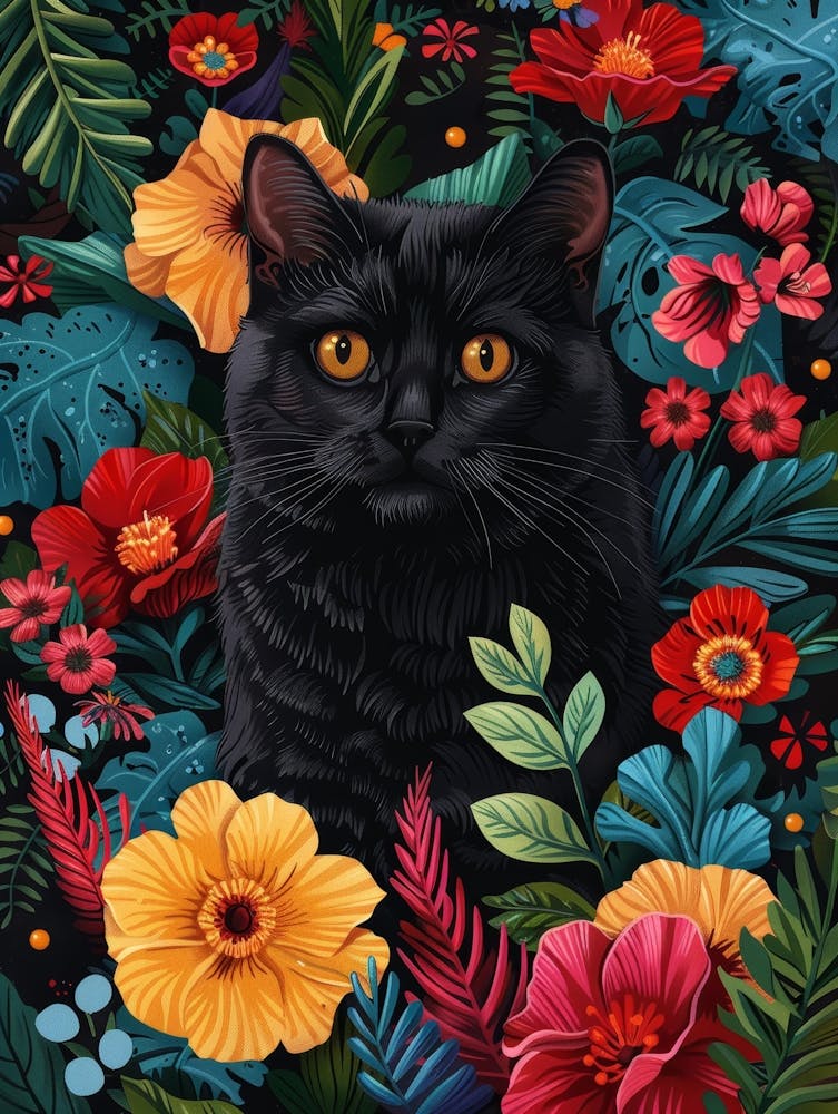 Black Cat In Flowers 10