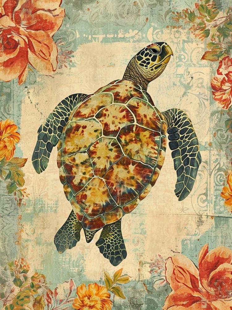 Textured Floral Sea Turtle Blue & Sepia 2