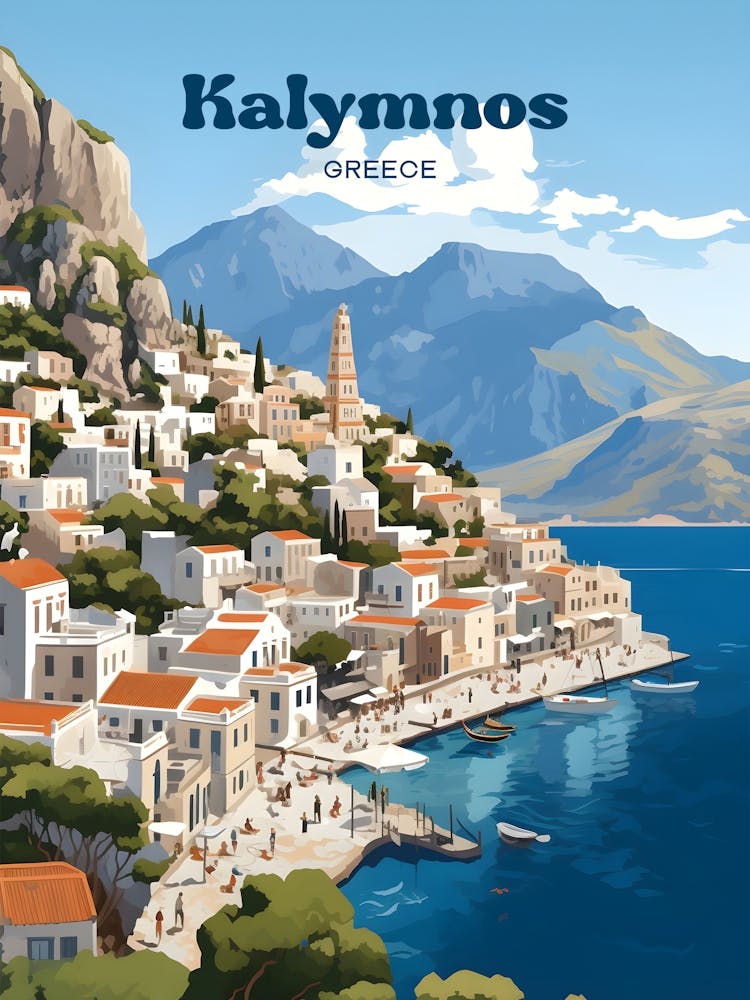 Kalymnos Greece Seaside Modern Travel Illustration