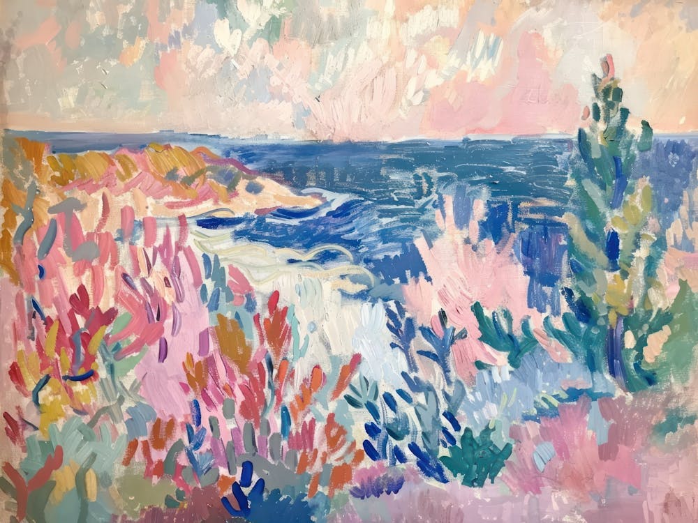 Azurblaue Küstenmalerei inspiriert von Paul Cézanne