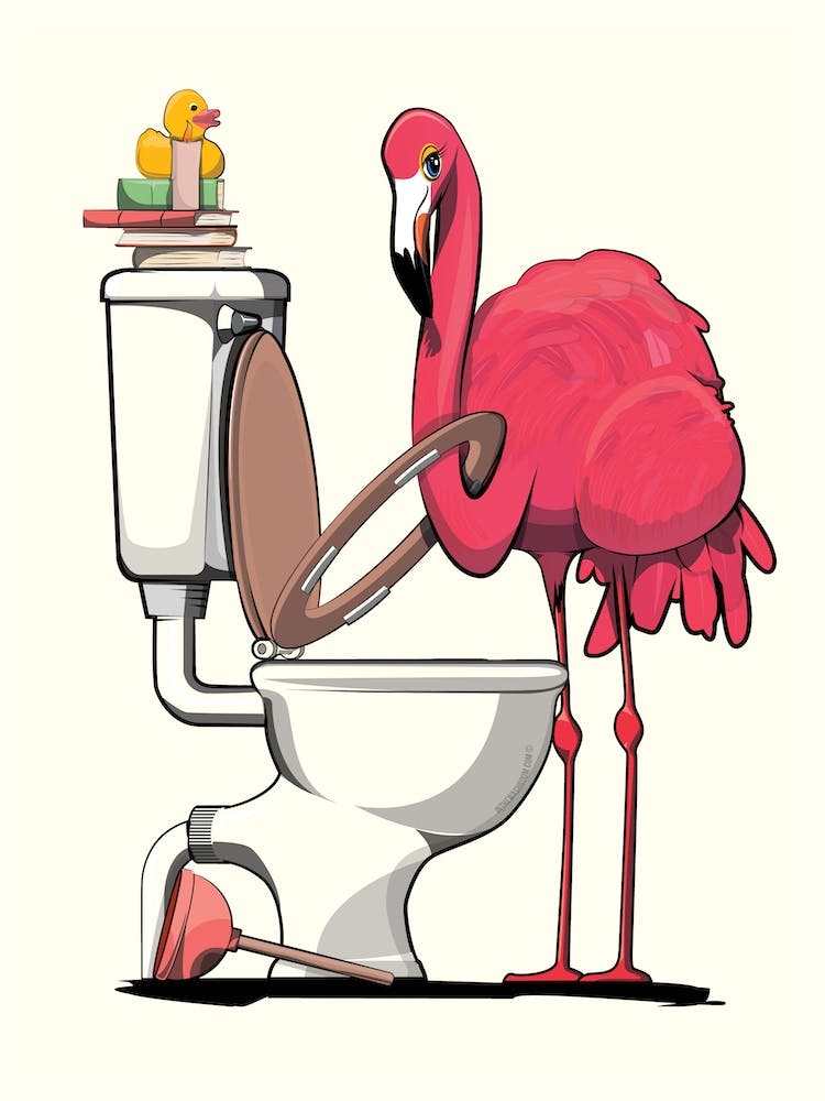 Flamingo trying to Use Toilet in Bathroom