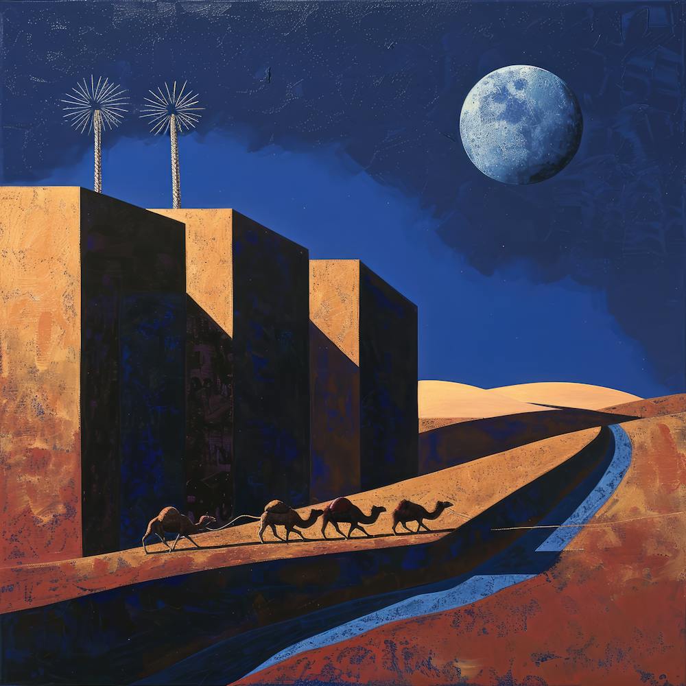 A Moonlit Desert Caravan. David Hockney Style 3