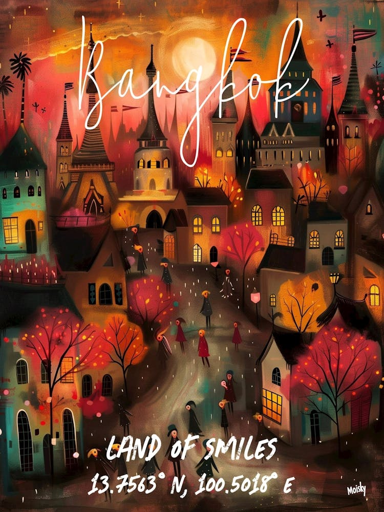 Bangkok, Land Of Smiles, folk naive and whimsical poster